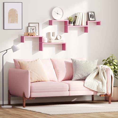 SRIWATANA Pink Floating Shelves, Set of 5 Solid Wood Wall Mounted Shelves | Versatile Wood Shelves in 5 Different Sizes; Flexible DIY Layout to Fit Any Space in Bathroom, Bedroom, or Kitchen - color: Pink