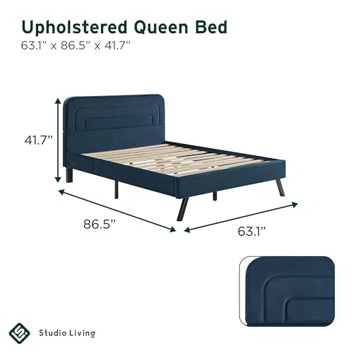 Studio Living® Adaline Upholstered Bed, Queen Size, USB A + C Power, Storage Sleeve, Velvet Fabric, Navy - color: Navy, size: Queen
