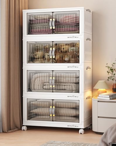 BROVIEW 240Qt Stackable Storage Bins with Lid for Home Dorm, 4Pack White | Closet Organizers, Foldable & Collapsible Cabinets, Large Containers, Wheels & Magnetic Doors, Plastic Drawers for School - color: White, size: 60QT-4Pack