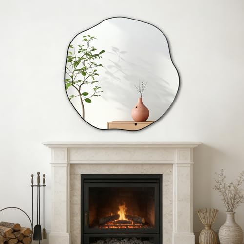 POZINO Scalloped Irregular Mirror, 30" Asymmetrical Decorative Accent Mirror for Wall, Black Wavy Rounded Frameless Mirrors for Entryway Fireplace Living Room Bedroom, Horizontal or Vertical Hanging - color: Black, size: 30"L x 30"W