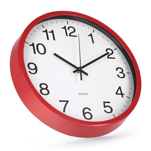Wall Clock Non-Ticking Silent Quartz Movement Decor Clock Modern Simple Style Round Plastic Wall Clocks for Home/Office/School/Living Room/Bedroom/Kitchen (Red, 12 Inch) - color: Red