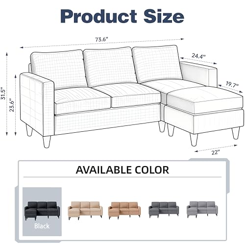 73.6" Modular Sectional Sofa, Comfy Cloud Couch with Movable Ottoman Deep Seat L Shaped Modular Sofa, Sectional Couches for Living Room and Apartment, Black