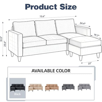 73.6" Modular Sectional Sofa, Comfy Cloud Couch with Movable Ottoman Deep Seat L Shaped Modular Sofa, Sectional Couches for Living Room and Apartment, Black
