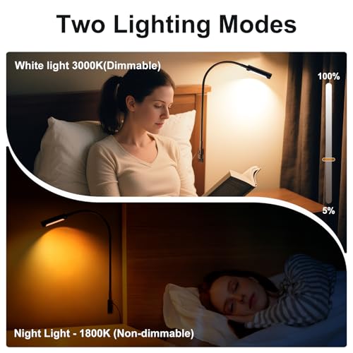Wall Mounted LED Reading Light for Bed, 23 Inch Length, All Metal Bedside Headboard Lights with Head Switch,Flexible Minimalist Book Lamp for Bedroom, Dimmable & Night Light(1 Pack)