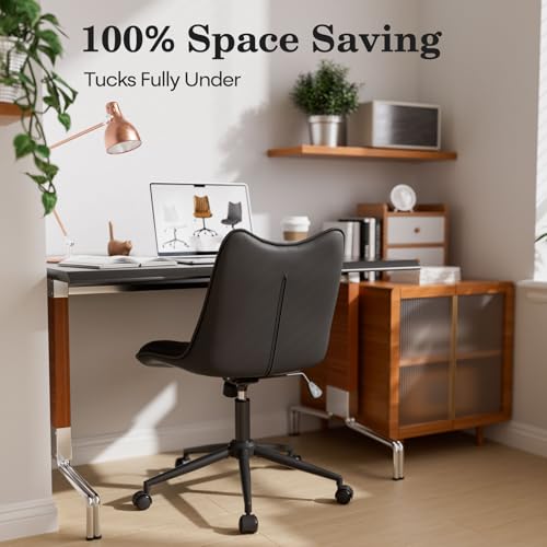 Armless Office Chair, Swivel Rolling Leather Desk Chair, Brown | Waterproof Upholstery, Padded Seat, 15° Relaxing Tilt, 330 LBS Capacity, for Bedroom Vanity and Computer Work - color: Black