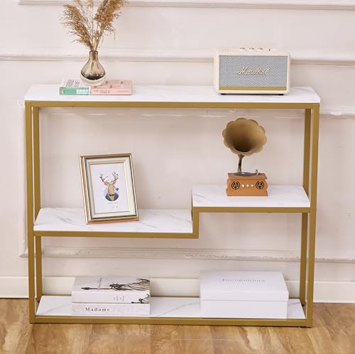 loglus Console Table for Entryway, Faux Marble MDF Sofa Table with Golden Frame, White Marble, 9.45" D x 38.18" W x 31.22" H - color: White Marble, style: Multilayer