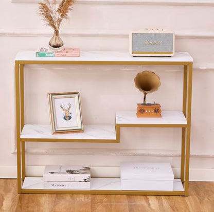 loglus Console Table for Entryway, Faux Marble MDF Sofa Table with Golden Frame, White Marble, 9.45" D x 38.18" W x 31.22" H - color: White Marble, style: Multilayer