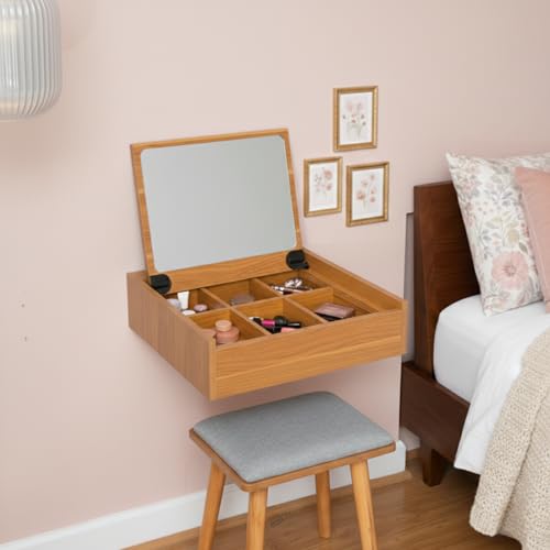 Small Vanity Desk with Mirror & Chair, 18 x 20 Inch, Wall Mounted | Floating Makeup Table, For Small Spaces, Flip Up Top, Bedroom Vanity