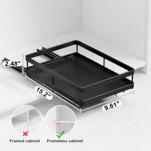 AOVA Pull Out Under Sink Organizer, Single-Tier Metal Sliding Shelf | Carbon steel basket, smooth slide-out rails, no-drill adhesive setup, for kitchen, pantry and bathroom cabinets