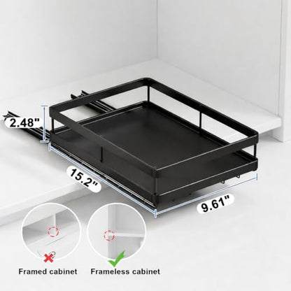AOVA Pull Out Under Sink Organizer, Single-Tier Metal Sliding Shelf | Carbon steel basket, smooth slide-out rails, no-drill adhesive setup, for kitchen, pantry and bathroom cabinets