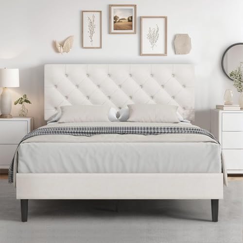 HOMBCK Full Bed Frame with Headboard, Linen Fabric Upholstered Bed Frame Full, White Bed Frame with Wood Slats, Button Tufted, No Box Spring Needed, White - color: White, size: Full
