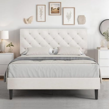 HOMBCK Full Bed Frame with Headboard, Linen Fabric Upholstered Bed Frame Full, White Bed Frame with Wood Slats, Button Tufted, No Box Spring Needed, White - color: White, size: Full
