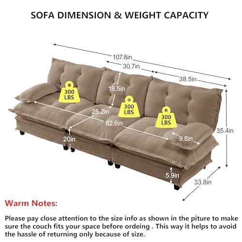 107.8" Modular Sectional Sofas for Living Room,Roomy Tufted 3 Seater Cloud Couch with Deep Seat,Modern Comfy Chenille 3 Seat Cloud Sofa for Bedroom,Apartment - color: Light Coffee, size: 3 Seater