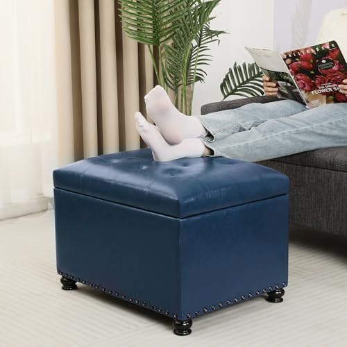 Faux Leather Storage Ottoman Bench Rectangle 24 Inch Foot Rest Ottomans - color: Blue Faux Leather