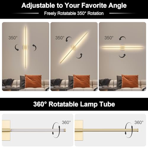 Battery Operated Wall Sconce, 3000K-6000K Dimmable Gold Wall Lights with Remote Control, Timable LED Wireless Wall Sconces, 350° Ratate for Bathroom, Living Room, Hallway 39.4 Inch 1 Pack - color: Gold, size: 39.4in(1 Pack)