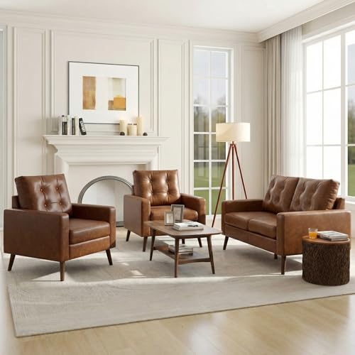 HNY Mid Century Modern 53" Loveseat Sofa, Comfy Upholstered Button Tufted Faux Leather 2 Seater Couch, Lounge Sleeper Love Seats for Small Spaces Living Room Apartment Bedroom, Brown