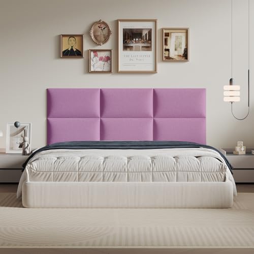6-Piece Pink Linen Upholstered Headboard Twin Size Wall Mounted Fabric Headboard with Padded Panels, Soft for Small Space & Kids Room - color: Linen -Pink