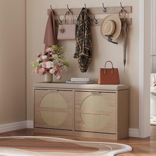 LUMTOK Shoe Storage Bench with 2 Coat Racks & Padded Cushion, Rattan Entryway Bench with 2 Flip Drawers，Narrow Shoes Storage Cabinet with Hooks for Hallway, Living Room, Bedroom