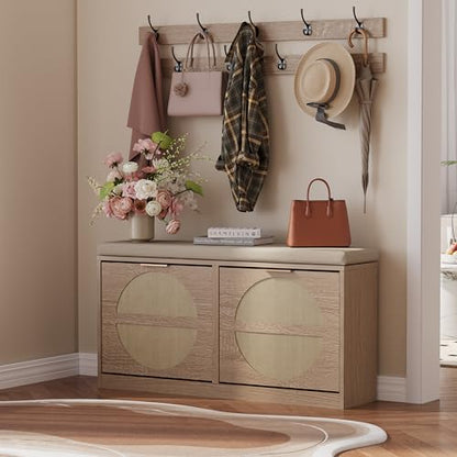 LUMTOK Shoe Storage Bench with 2 Coat Racks & Padded Cushion, Rattan Entryway Bench with 2 Flip Drawers，Narrow Shoes Storage Cabinet with Hooks for Hallway, Living Room, Bedroom
