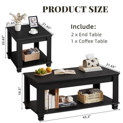 Farmhouse Coffee Table Set of 3, Black | Rustic Wood 3 Piece Coffee and End Table Sets with Open Shelf for Living Room - color: Black