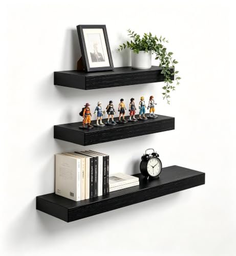 Vervida® Black Floating Wall Shelves Mixed 15+24in Set of 3 Combo Hidden | 3 Black Floating Shelves Mixed 2 x 15In & 1 x 24 Inches for Bedroom, Bathroom Kitchen, Invisible Brackets Easy Install - color: Black, size: Multi-Size Set
