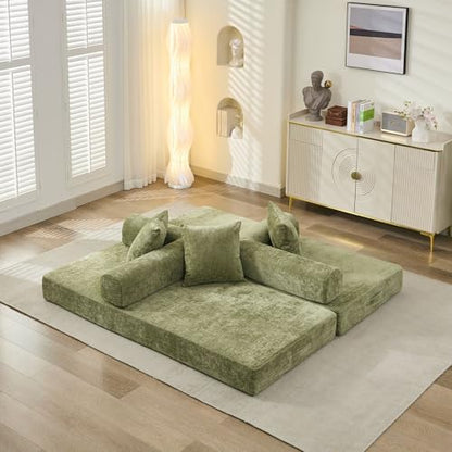 Convertible Folding Sofa Bed Modular Floor Couch, 78.8‘’ Cloud Sleeper Sofa with Removable Backrest, Chenille Foldable Mattress Couch, Lazy Loveseat for Small Space, Apartment, Bedroom, Green - color: #3-green