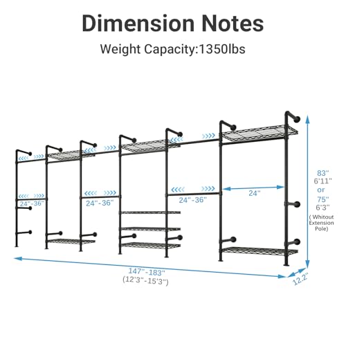 F6 Wall Mounted Clothes Rack - Expandable Industrial Pipe Closet System, Heavy Duty Hanging Garment Rack, Closet Organizer & Storage Solution for Wardrobe, Bedroom,Walk-in Closets,Black - color: Black