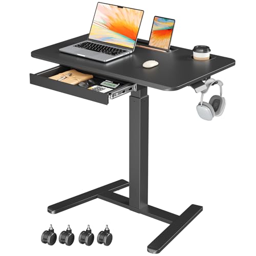 32" Mobile Desk with Drawer, Rolling Standing Desk on Wheels | Height Adjustable Desk with Cup Holder and Hooks, Portable Laptop Cart with Storage for Home Office, Black - color: Black, size: 32"