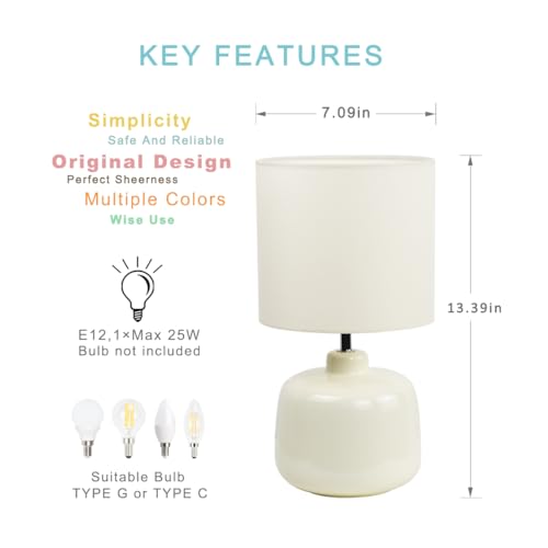 LAMPWELLOSLO Small Ceramic Table Lamp for Living Room and Bedroom,Modern Kids Night Table Lamp,Φ7.09×H13.39IN,Bulb Excluded,Cream - color: Cream