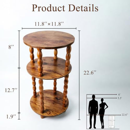 Small Round Narrow Side Table, 3-Tier End Table with Storage | 11.8″ x 11.8″ x 22.6″, Solid Wood Spindle Legs, Easy Assembly, No Tools Required, Vintage Style, Space-Saving, Easy to Clean
