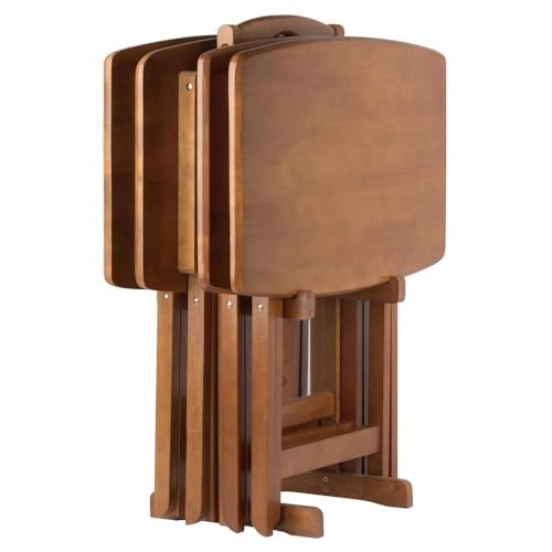 Furnifact Teak Oversized Snack Tables Set of 4 TV Trays with Stand Foldable Sturdy Wooden Tables for Eating, Working, or Entertaining in Any Space