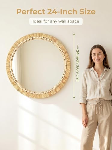OYPEIP 24 Inch Round Natural Rattan Wall Mirror, Boho Decorative Mirror with White Beads, Rustic Farmhouse Circle Mirror for Living Room, Entryway, Bathroom, Bedroom