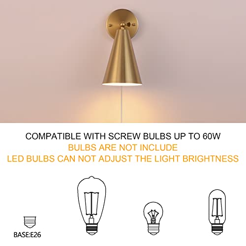 MWZ Gold Wall Sconces Set of Two Plug in,Brass Modern Dimmable Sconces Adjustable Angle Lights with Metal Shade and Dimmer On/Off Rotary Switch, Wall Mounted Light for Bedroom Bedside Stairway - color: Gold-Plug in