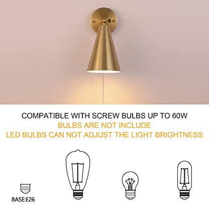 MWZ Gold Wall Sconces Set of Two Plug in,Brass Modern Dimmable Sconces Adjustable Angle Lights with Metal Shade and Dimmer On/Off Rotary Switch, Wall Mounted Light for Bedroom Bedside Stairway - color: Gold-Plug in