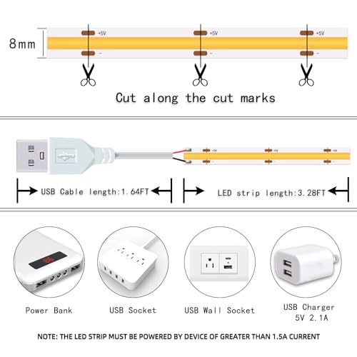 Short LED Strip Lights, COB 5V USB Warm White 4000K (3.28FT /1M) | 5W 8mm Small COB, Not Dimmable, Display Cabinet Lighting for Home DIY 3D TV Light Indoor Use - color: 3.28FT/4000K