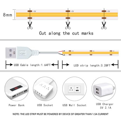 Short LED Strip Lights, COB 5V USB Warm White 4000K (3.28FT /1M) | 5W 8mm Small COB, Not Dimmable, Display Cabinet Lighting for Home DIY 3D TV Light Indoor Use - color: 3.28FT/4000K