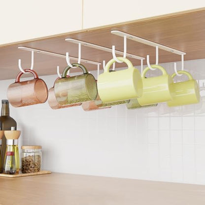 3 Pack Mug Hooks Under Cabinet with 9 Hooks for Displaying Mugs, White | Coffee Mug Holder for Hanging Under Shelf, Cup Hanger, Coffee Cups and Kitchen Utensils - color: White