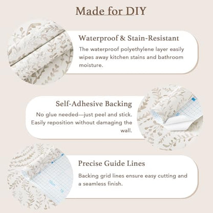 Peel and Stick Wallpaper Modern Boho Contact Paper Neutral Beige Wall Paper Removable Waterproof Self Stick Renter Friendly Wallpaper for Bedroom Living Room Bathroom Kitchen Vinyl 17.3"x78.7" - color: Light Brown, size: 17.3" x 78.7"