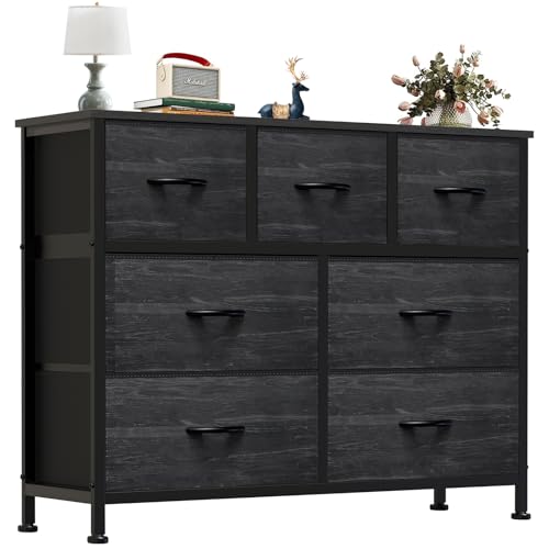 OLIXIS 7 Drawer Fabric Dresser, Storage Tower for Bedroom and Closet | Dresser for Bedroom, Wooden Top & Easy Pull Fabric Bins, Clothes Organization, Living Room, Black Wood Grain - color: Black Wood Grain, size: 11.8"D x 39.4"W x 30"H (7 Drawers)