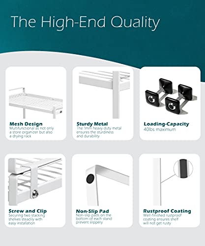 Shantton 2pk Kitchen Cabinet Shelf Counter Organizer Rack Pantry Storage Bathroom Bedroom Office Table Desk Space Saving Steel Frame Stackable Rust Resistant Non Slip White-Tall- L13in W8.3in H9.5in | 2-Pack Stackable Metal Riser Holds 40LBS with Non-Slip