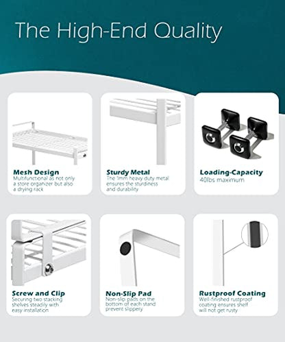 Shantton 2pk Kitchen Cabinet Shelf Counter Organizer Rack Pantry Storage Bathroom Bedroom Office Table Desk Space Saving Steel Frame Stackable Rust Resistant Non Slip White-Tall- L13in W8.3in H9.5in | 2-Pack Stackable Metal Riser Holds 40LBS with Non-Slip