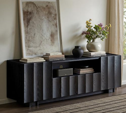 win2win 61" Modern TV Stand with Storage, Wave Design, Black | Media TV Console for Living Room Bedroom, Entertainment Center for 70 Inch TV, Wood Grain Finish, Adjustable Shelves - color: Black