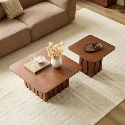 Nesting Coffee Table Set of 2 with Wavy Fluted Base, Brown | 31.5" & 21.65", 2PCS Center Tables, Square Tea Table, Easy to Assemble, Mid-Century Modern, for Living Room Office - color: 31.5" & 21.65" - Brown