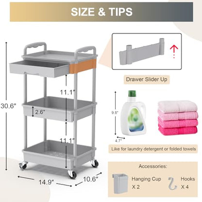 Goovilla 3 Tier Rolling Utility Cart Organizer with Removable Drawer, Grey | Stable and Sturdy Rolling Storage Carts with 2 Lockable Wheels for Bathroom, Kitchen, Snack, Craft, Makeup, Baby Essentials - size: 3 Tier, style: Gray