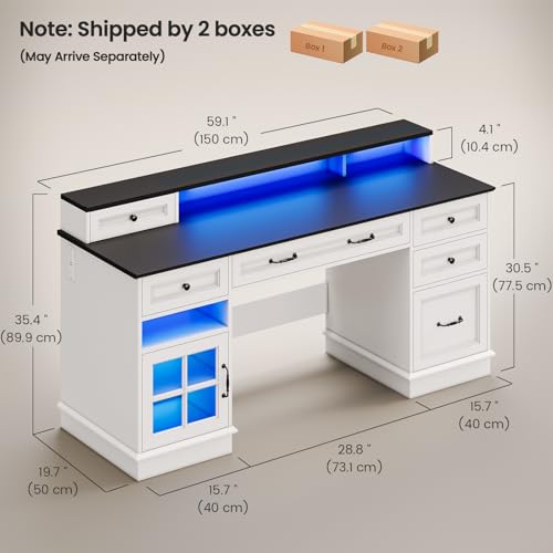 HAUOMS Farmhouse Executive Desk Computer Desk with Drawers, White | Executive Office Desk with File Drawers, Power Outlet, Led Lights, Storage Cabinet and Monitor Shelf for Home Office - color: White