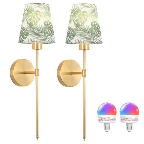 Shenmoyl Battery Operated Wall Sconces Set of 2, Flower Pattern Shade 5000 mAh Rechargeable Bulb with 12 RGB Colors Dimmable Wall Sconce for Living Room Bedroom - color: Leaf Shade