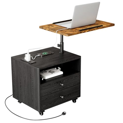 Bedroom Nightstand with Drawers & Charging Station, Adjustable Height Bedside Table with Wheels, Wooden Small Sofa Side Tables with Storage for Living Room, Black Brown - color: [A3] Black & Brown