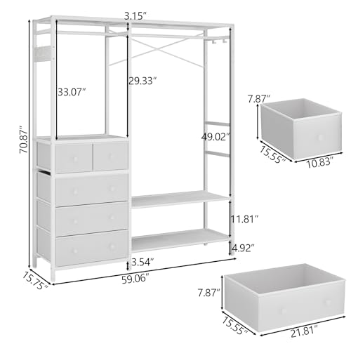 Freestanding Clothes Rack with 5 Drawers & 4 Storage Shelves,2 Hanging Rods | 59.1" W*70.9" H Heavy Duty Clothing Rack, Wardrobe Closet Organizer System with 5 Hooks, Garment Rack (White) - color: White