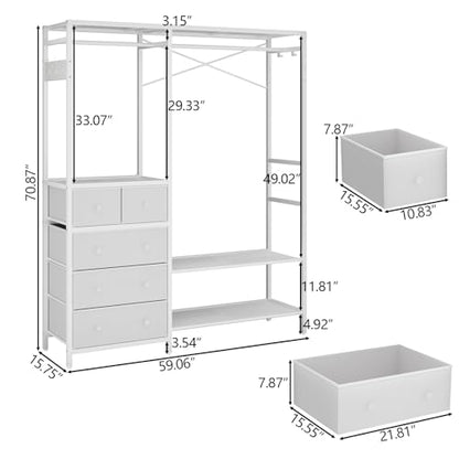 Freestanding Clothes Rack with 5 Drawers & 4 Storage Shelves,2 Hanging Rods | 59.1" W*70.9" H Heavy Duty Clothing Rack, Wardrobe Closet Organizer System with 5 Hooks, Garment Rack (White) - color: White
