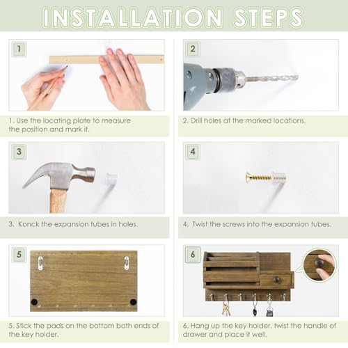VIS'V Key Holder Wall Mount, Wooden Mail and Key Organizer, Brown | Contains Little Drawer, Small Shelf, 2 Slots, 6 Hooks, for Entryway, Hallway, Doorway, Kitchen, Garage, RV - color: Brown